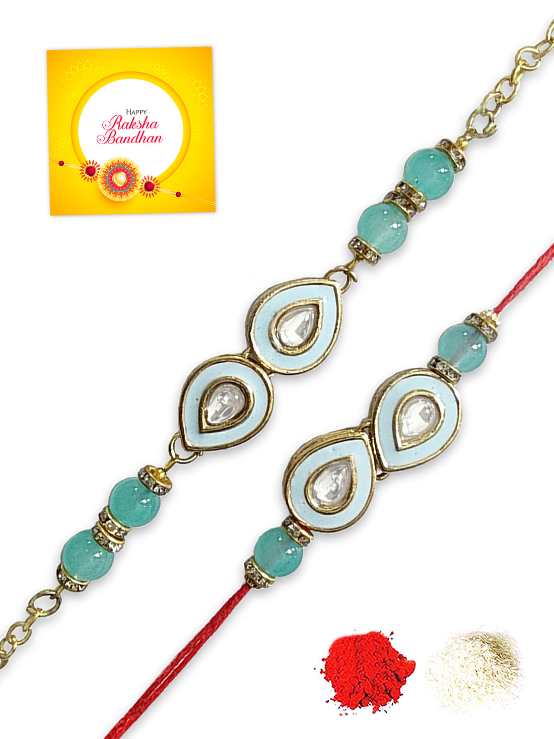 Karatcart Rakhi for Brother and Bhabhi Set of 2 Gold Plated Light Blue Handmade Kundan Bhiya Bhabhi Rakhi Combo with Roli & Chawal