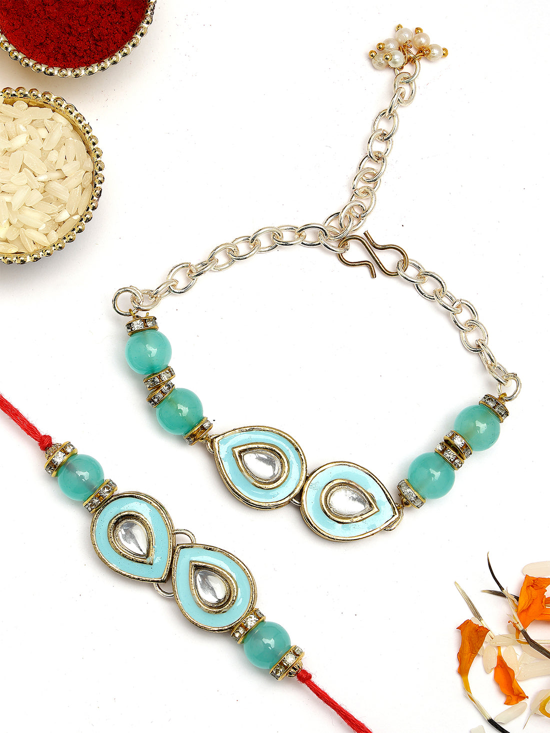 KARATCART Set of 2 Gold Plated Light Blue Handmade Kundan Bhaiya Bhabhi Rakhi Combo with Roli & Chawal