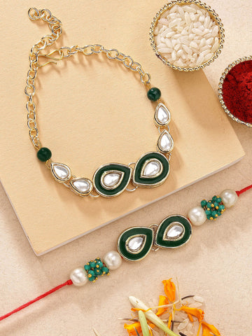 KARATCART Set of 2 Gold Plated Green Handmade Kundan Bhaiya Bhabhi Rakhi Combo with Roli & Chawal