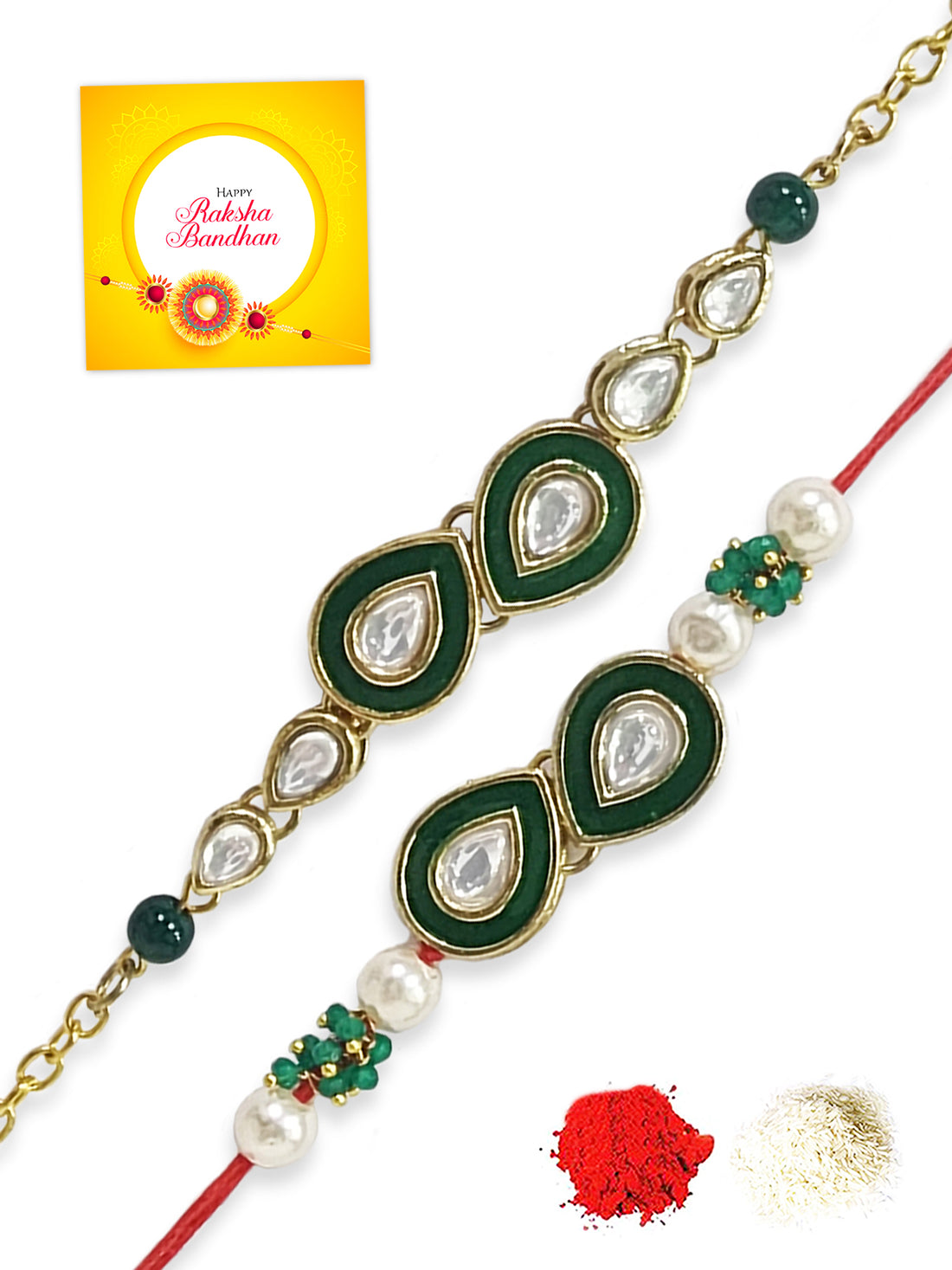 Karatcart Rakhi for Brother and Bhabhi Set of 2 Gold Plated Green Handmade Kundan Bhiya Bhabhi Rakhi Combo with Roli & Chawal