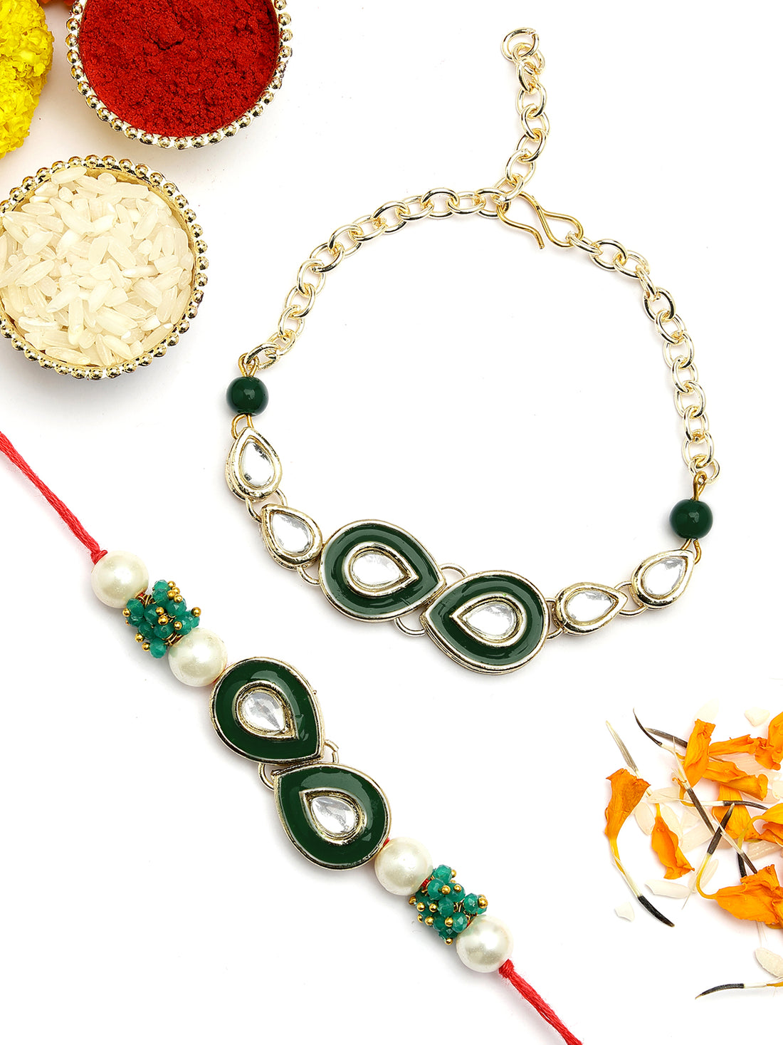 KARATCART Set of 2 Gold Plated Green Handmade Kundan Bhaiya Bhabhi Rakhi Combo with Roli & Chawal