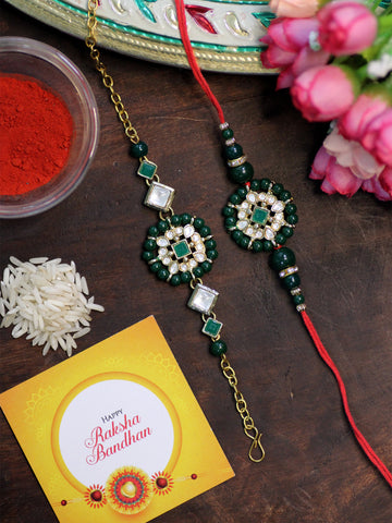 Karatcart Rakhi for Brother and Bhabhi Set of 2 Gold Plated Green Beads Floral Kundan Bhiya Bhabhi Rakhi Combo with Roli & Chawal