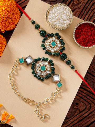 KARATCART Set of 2 Gold Plated Green Beads Floral Kundan Bhaiya Bhabhi Rakhi Combo with Roli & Chawal
