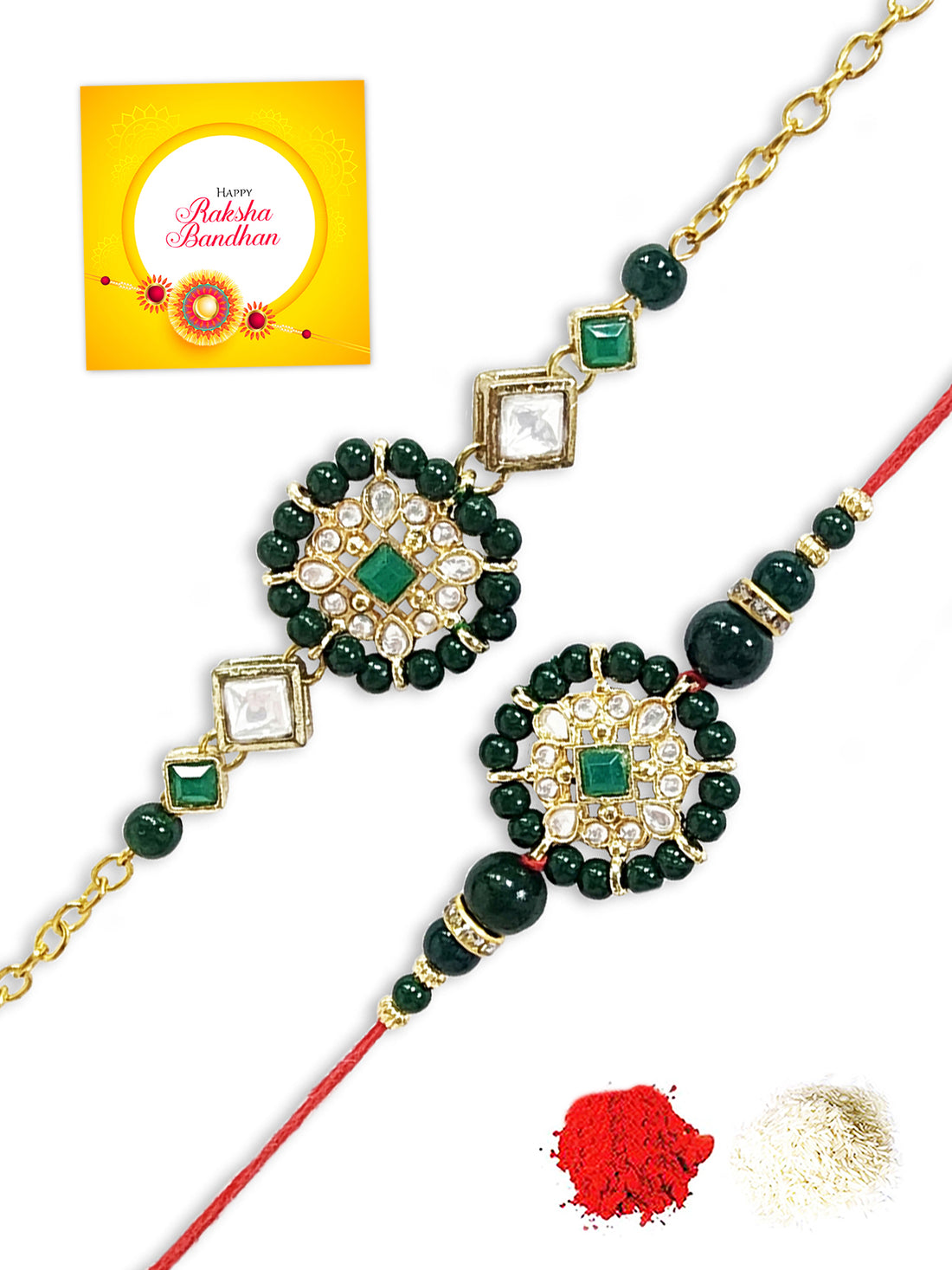 Karatcart Rakhi for Brother and Bhabhi Set of 2 Gold Plated Green Beads Floral Kundan Bhiya Bhabhi Rakhi Combo with Roli & Chawal