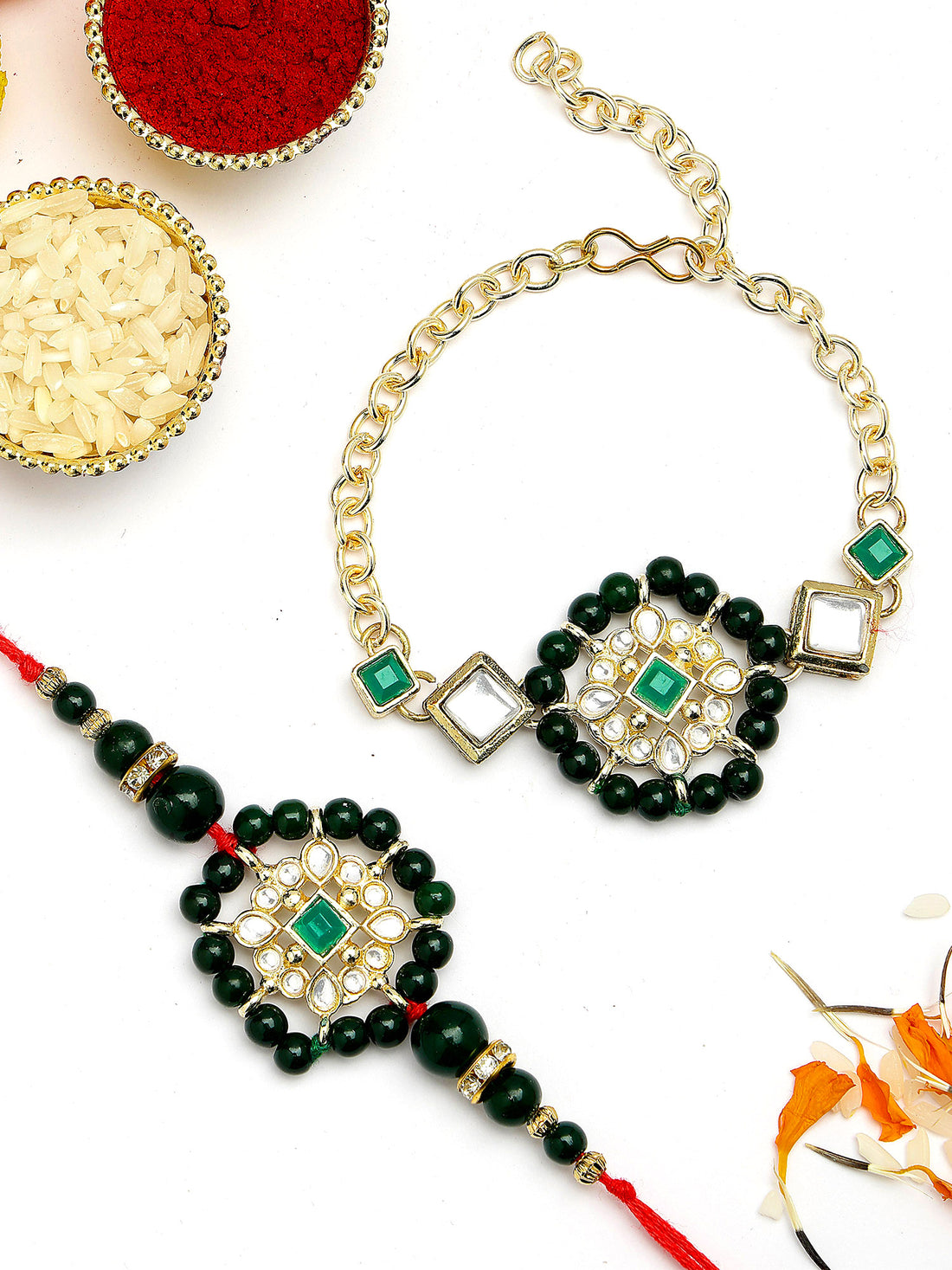KARATCART Set of 2 Gold Plated Green Beads Floral Kundan Bhaiya Bhabhi Rakhi Combo with Roli & Chawal