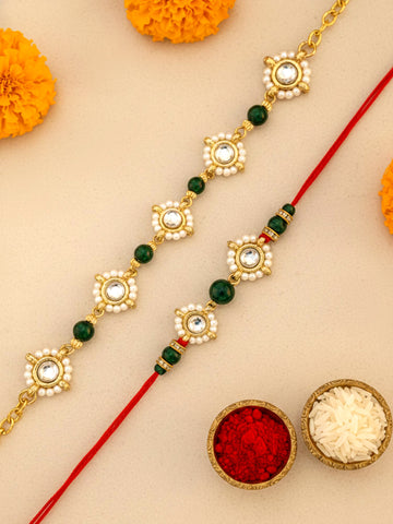 KARATCART Set of 2 Gold Plated Green Beads Handmade Kundan Bhaiya Bhabhi Rakhi Combo with Roli & Chawal