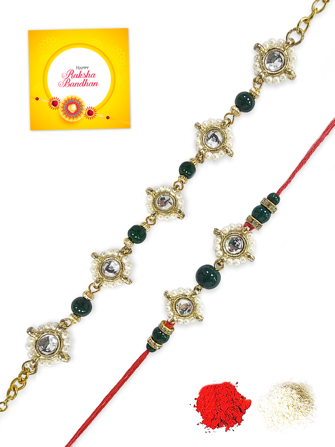 Karatcart Rakhi for Brother and Bhabhi Set of 2 Gold Plated Green Beads Handmade Kundan Bhiya Bhabhi Rakhi Combo with Roli & Chawal