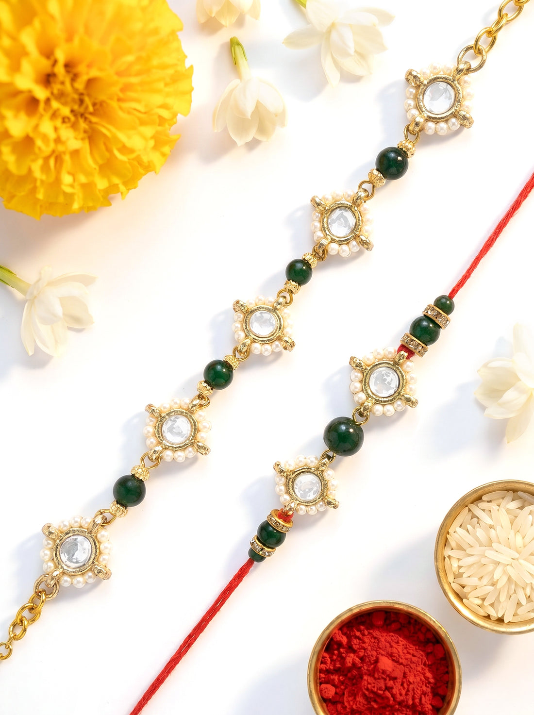 KARATCART Set of 2 Gold Plated Green Beads Handmade Kundan Bhaiya Bhabhi Rakhi Combo with Roli & Chawal