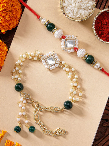 KARATCART Set of 2 Gold Plated Green Pearl Beads Handmade Kundan Bhaiya Bhabhi Rakhi Combo with Roli & Chawal