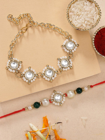 KARATCART Set of 2 Gold Plated Handmade Round Kundan Bhaiya Bhabhi Rakhi Combo with Roli & Chawal