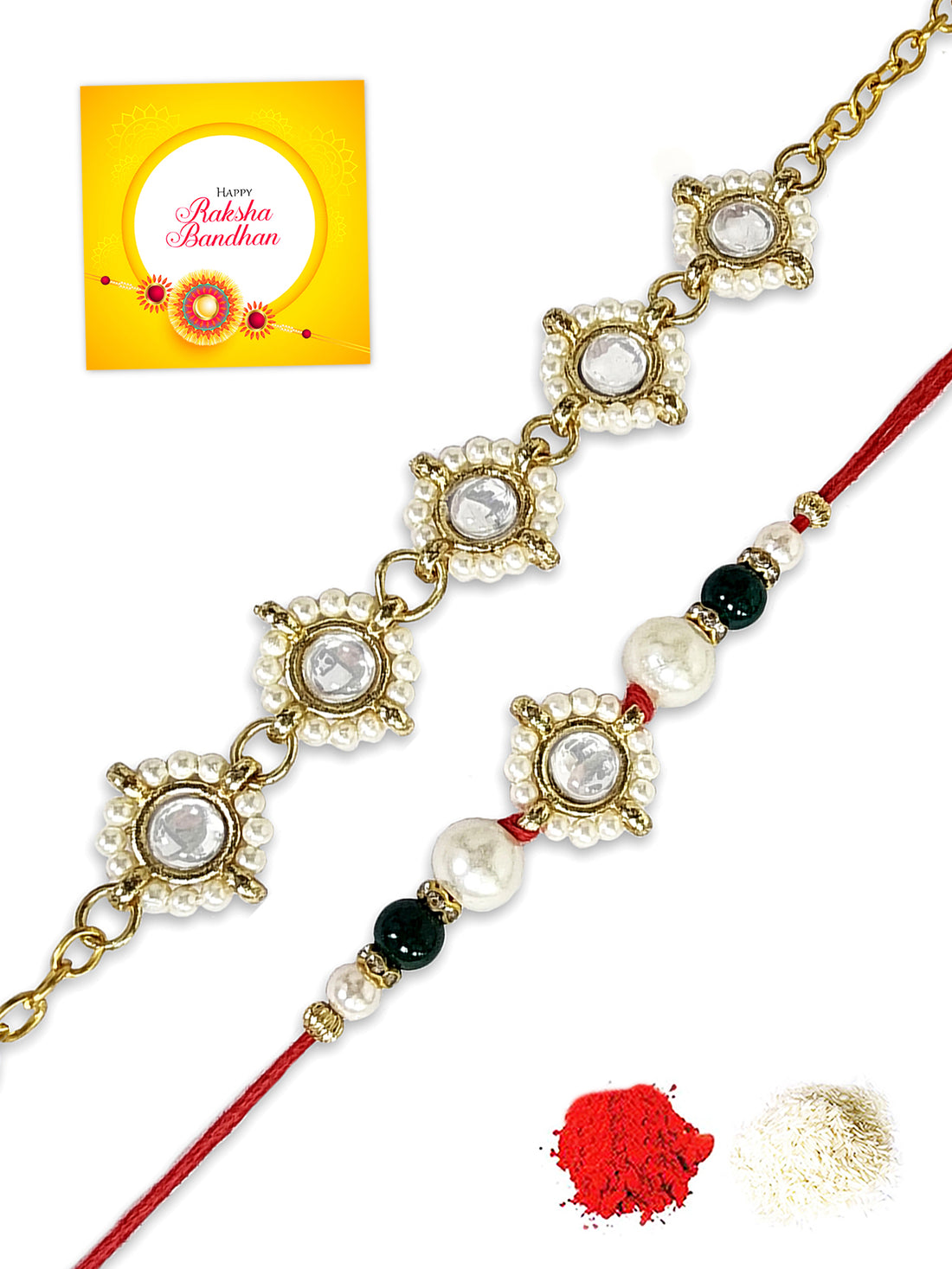 Karatcart Rakhi for Brother and Bhabhi Set of 2 Gold Plated Handmade Round Kundan Bhiya Bhabhi Rakhi Combo with Roli & Chawal