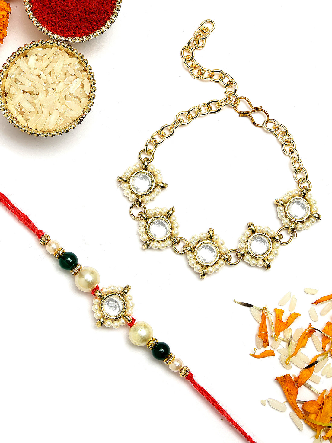 KARATCART Set of 2 Gold Plated Handmade Round Kundan Bhaiya Bhabhi Rakhi Combo with Roli & Chawal