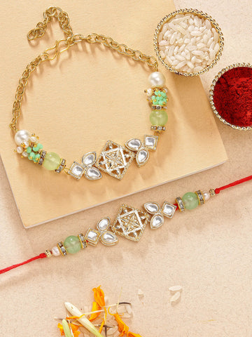 KARATCART Set of 2 Gold Plated Light Green Beads Kundan Bhaiya Bhabhi Rakhi Combo with Roli & Chawal