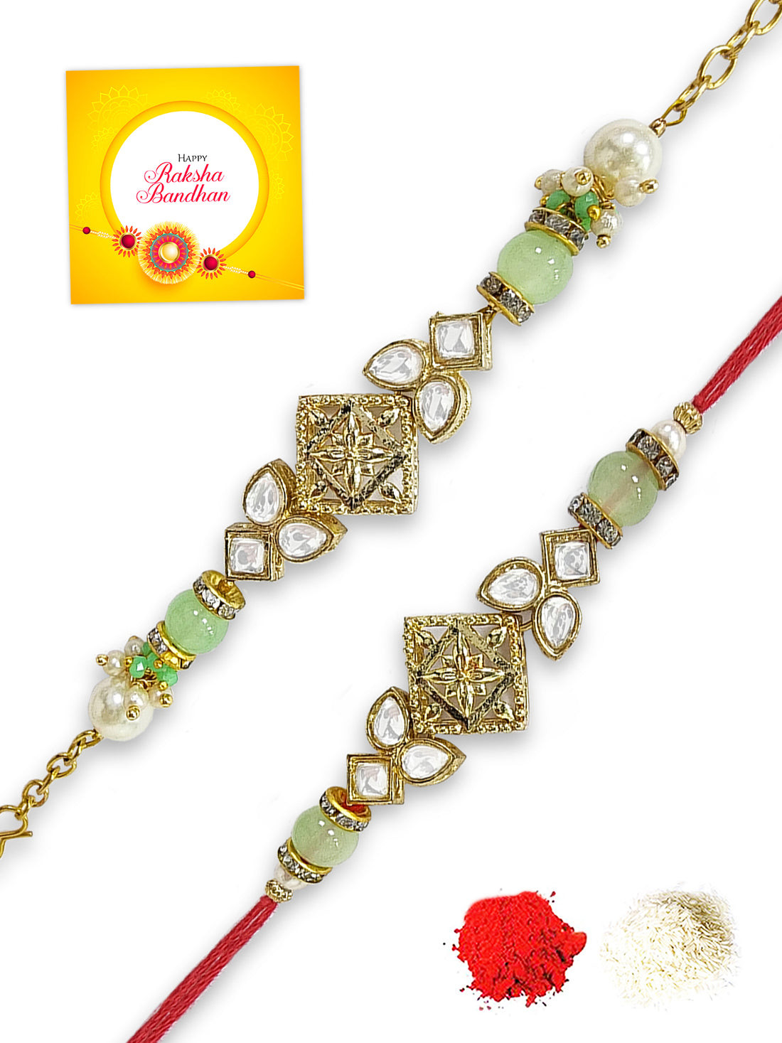 Karatcart Rakhi for Brother and Bhabhi Set of 2 Gold Plated Light Green Beads Kundan Bhiya Bhabhi Rakhi Combo with Roli & Chawal