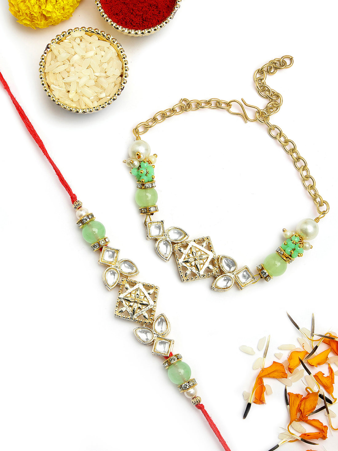 KARATCART Set of 2 Gold Plated Light Green Beads Kundan Bhaiya Bhabhi Rakhi Combo with Roli & Chawal