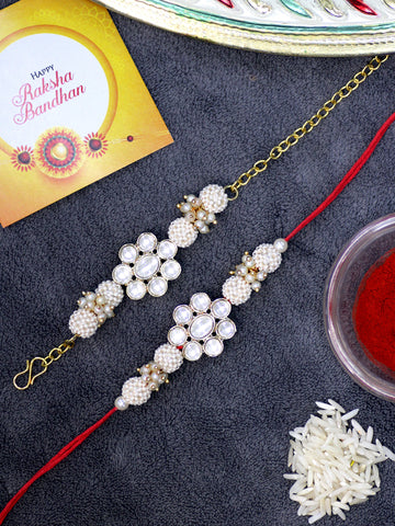 Karatcart Rakhi for Brother and Bhabhi Set of 2 Gold Plated Handmade Floral Kundan Bhiya Bhabhi Rakhi Combo with Roli & Chawal