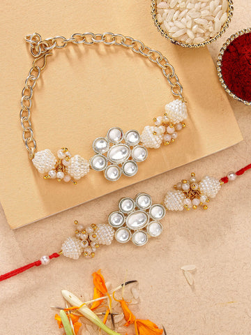 KARATCART Set of 2 Gold Plated Handmade Floral Kundan Bhaiya Bhabhi Rakhi Combo with Roli & Chawal