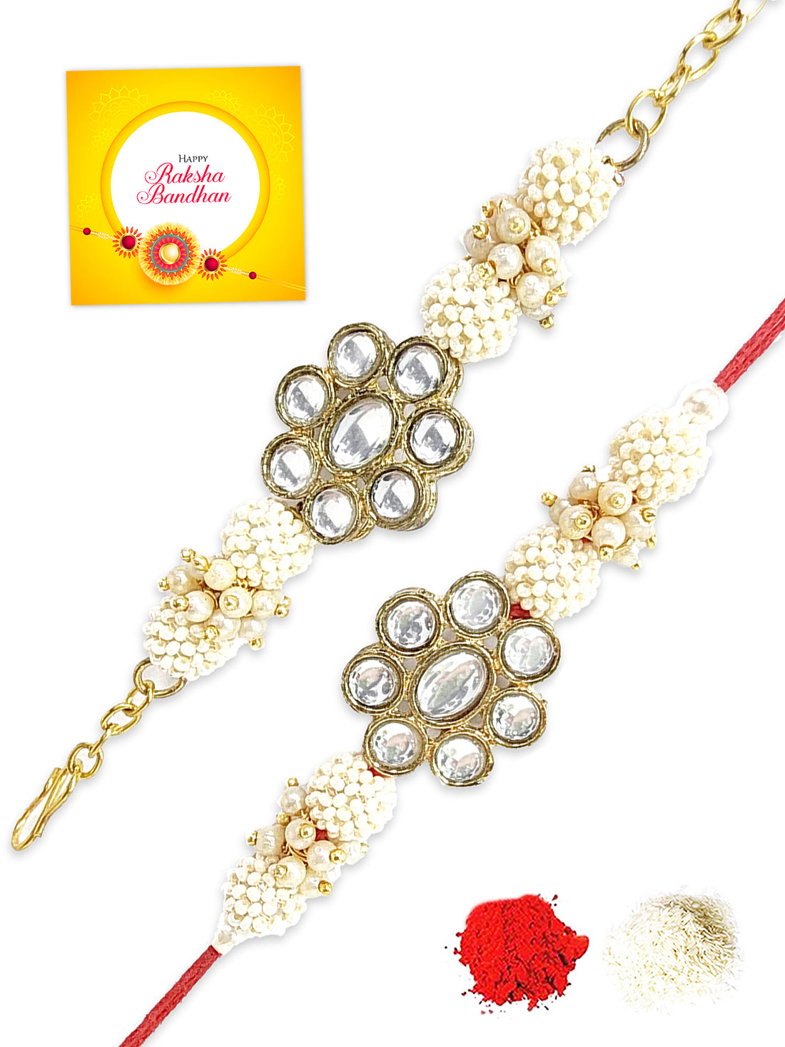 Karatcart Rakhi for Brother and Bhabhi Set of 2 Gold Plated Handmade Floral Kundan Bhiya Bhabhi Rakhi Combo with Roli & Chawal