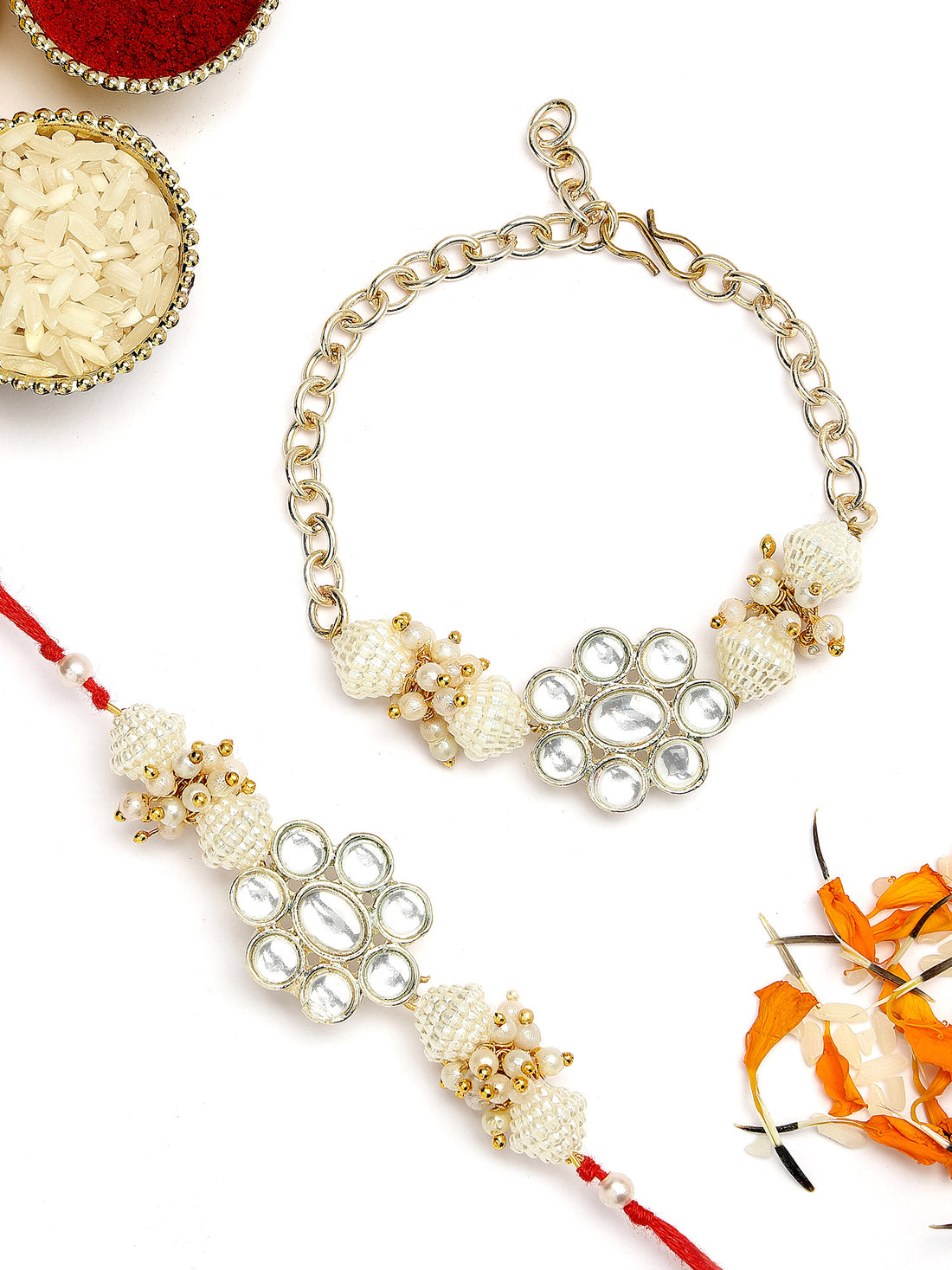 KARATCART Set of 2 Gold Plated Handmade Floral Kundan Bhaiya Bhabhi Rakhi Combo with Roli & Chawal