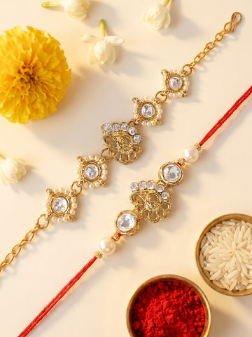 KARATCART Set of 2 Gold Plated Peacock Design Kundan Bhaiya Bhabhi Rakhi Combo with Roli & Chawal