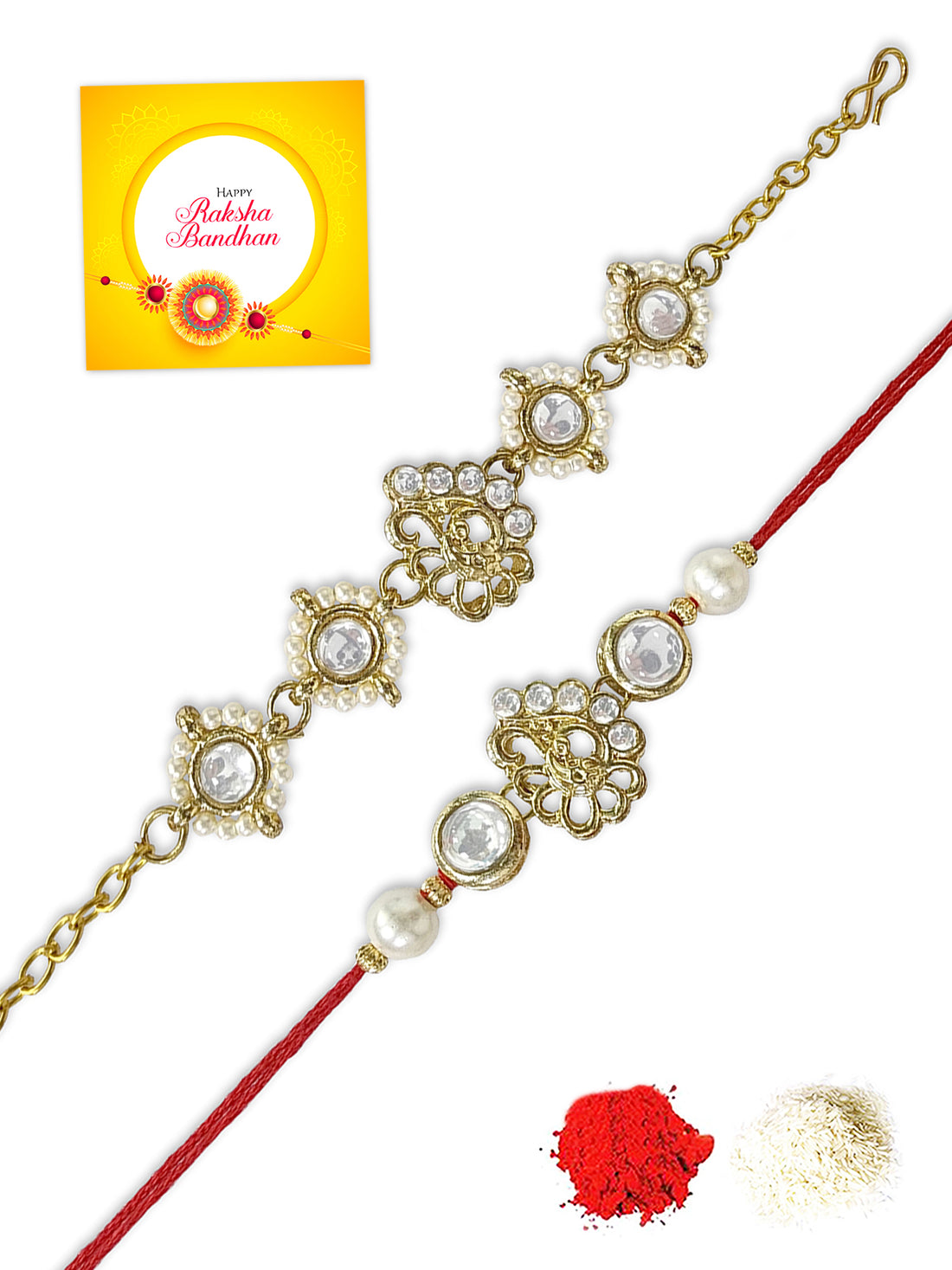 Karatcart Rakhi for Brother and Bhabhi Set of 2 Gold Plated Peacock Design Kundan Bhiya Bhabhi Rakhi Combo with Roli & Chawal