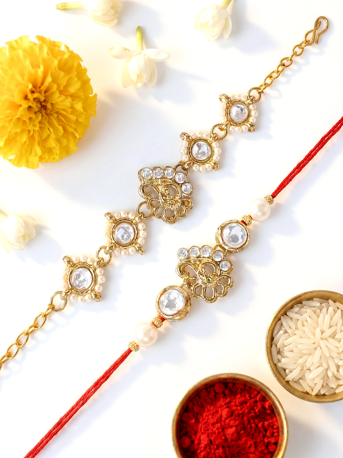 KARATCART Set of 2 Gold Plated Peacock Design Kundan Bhaiya Bhabhi Rakhi Combo with Roli & Chawal