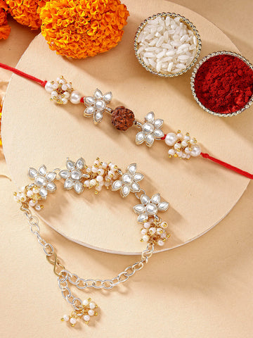 KARATCART Set of 2 Gold Plated Rudraksha Handmade Kundan Bhaiya Bhabhi Rakhi Combo with Roli & Chawal