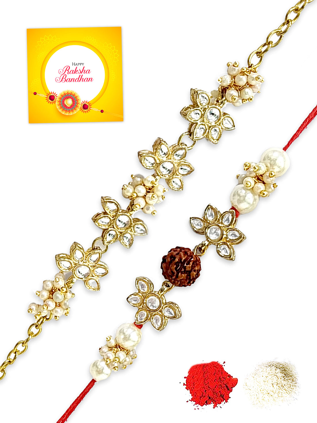 Karatcart Rakhi for Brother and Bhabhi Set of 2 Gold Plated Rudraksha Handmade Kundan Bhiya Bhabhi Rakhi Combo with Roli & Chawal