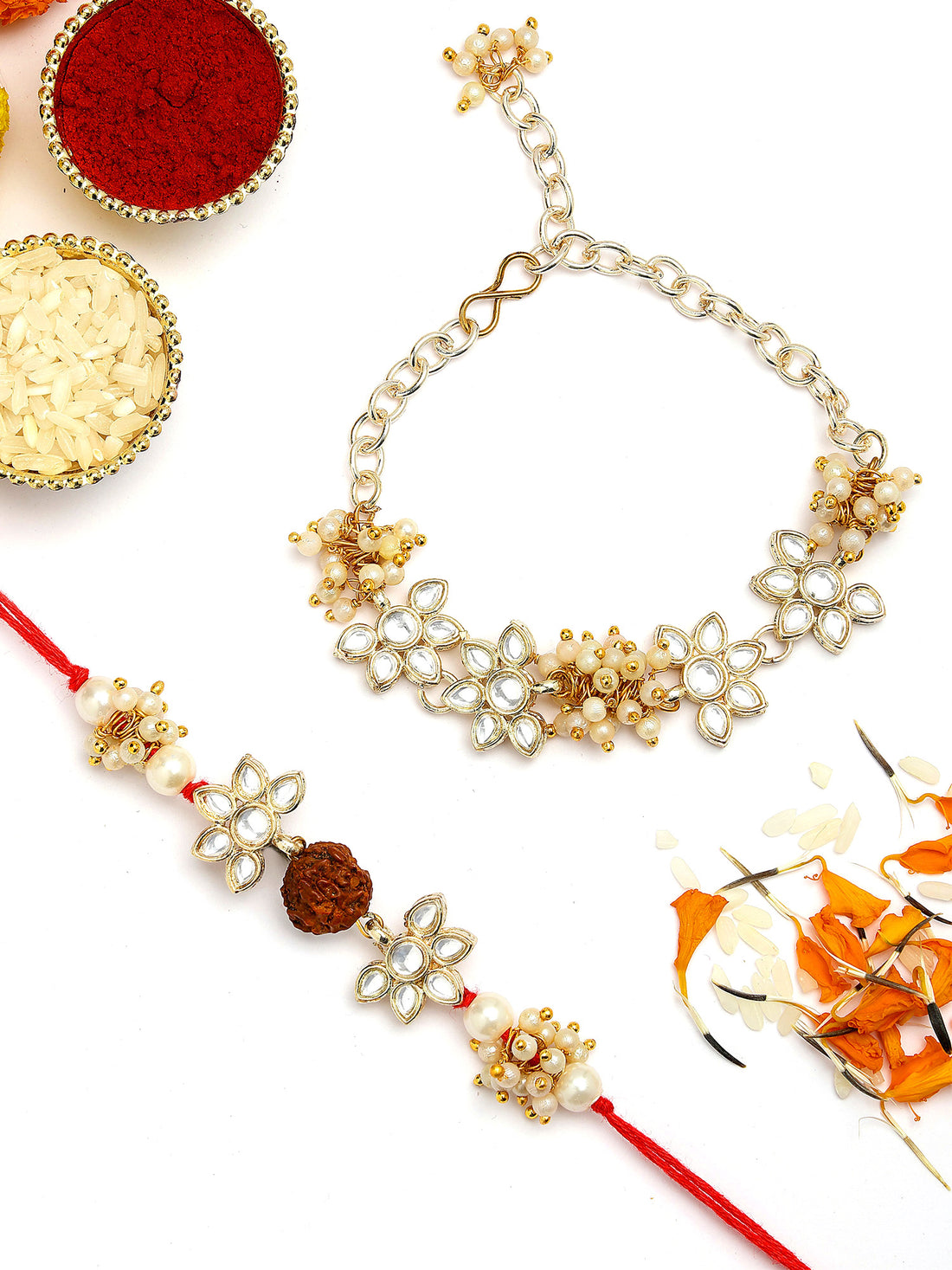 KARATCART Set of 2 Gold Plated Rudraksha Handmade Kundan Bhaiya Bhabhi Rakhi Combo with Roli & Chawal