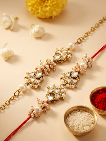KARATCART Set of 2 Gold Plated Pearl Handmade Kundan Bhaiya Bhabhi Rakhi Combo with Roli & Chawal