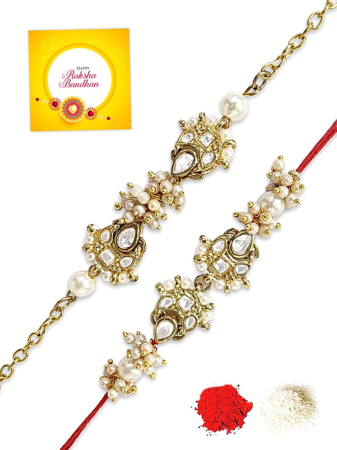 Karatcart Rakhi for Brother and Bhabhi Set of 2 Gold Plated Pearl Handmade Kundan Bhiya Bhabhi Rakhi Combo with Roli & Chawal