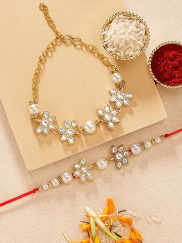 KARATCART Set of 2 Gold Plated Pearl and Flower Handmade Kundan Bhaiya Bhabhi Rakhi Combo with Roli & Chawal
