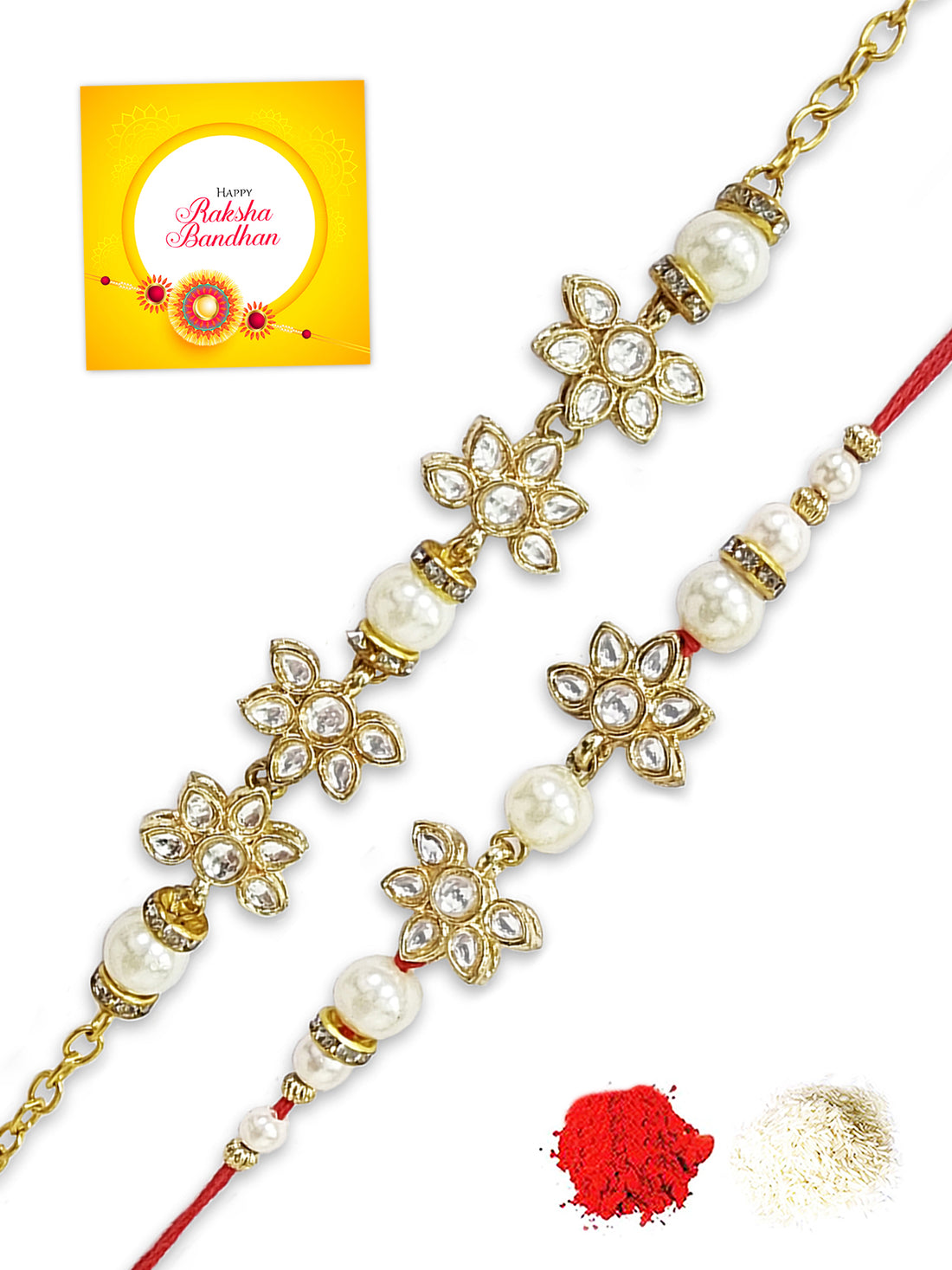 Karatcart Rakhi for Brother and Bhabhi Set of 2 Gold Plated Pearl and Flower Handmade Kundan Bhiya Bhabhi Rakhi Combo with Roli & Chawal