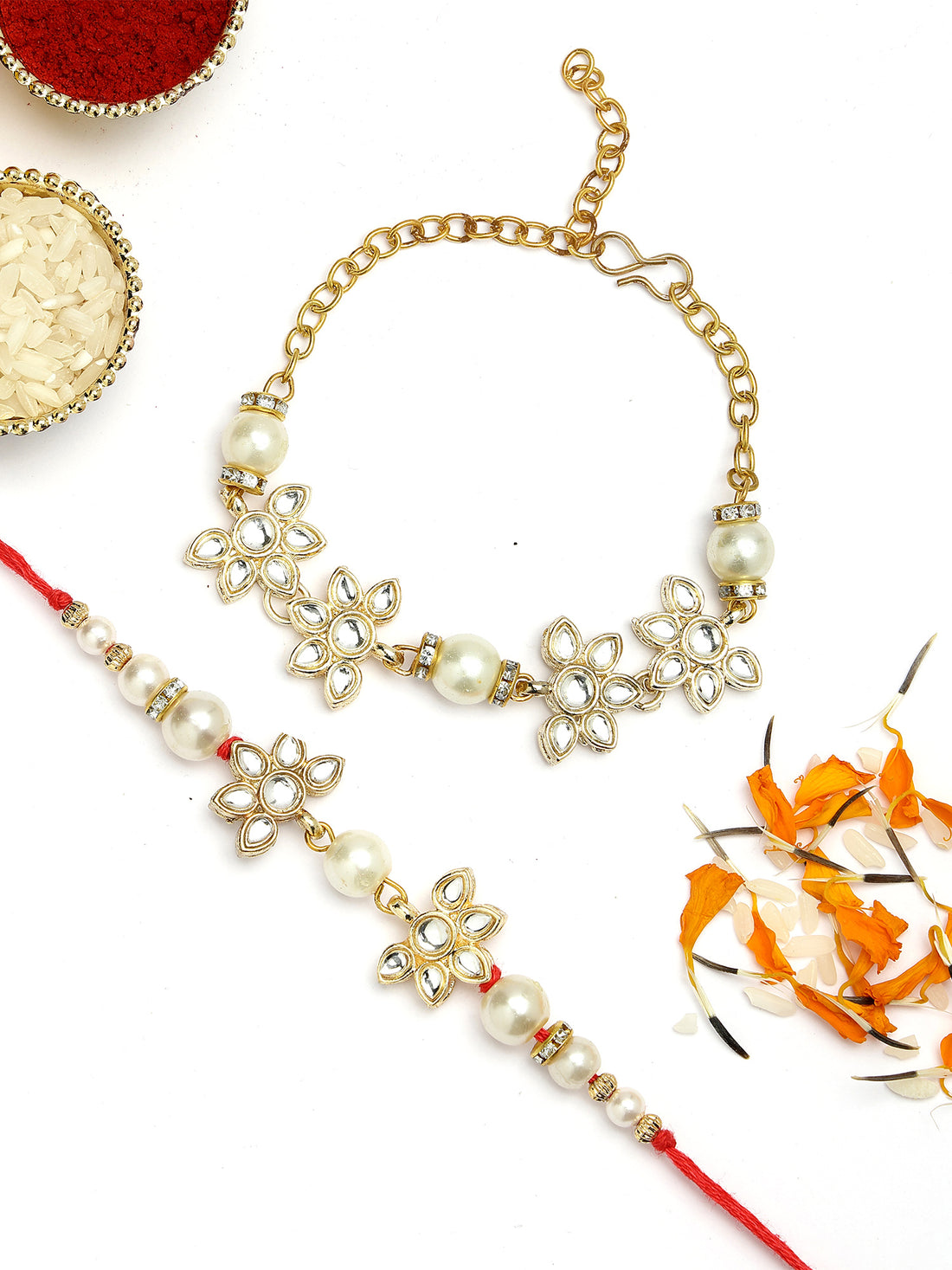 KARATCART Set of 2 Gold Plated Pearl and Flower Handmade Kundan Bhaiya Bhabhi Rakhi Combo with Roli & Chawal