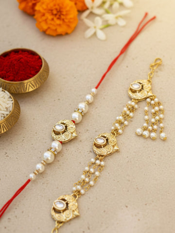 KARATCART Set of 2 Gold Plated Handmade Heart Kundan Bhaiya Bhabhi Rakhi Combo with Roli & Chawal