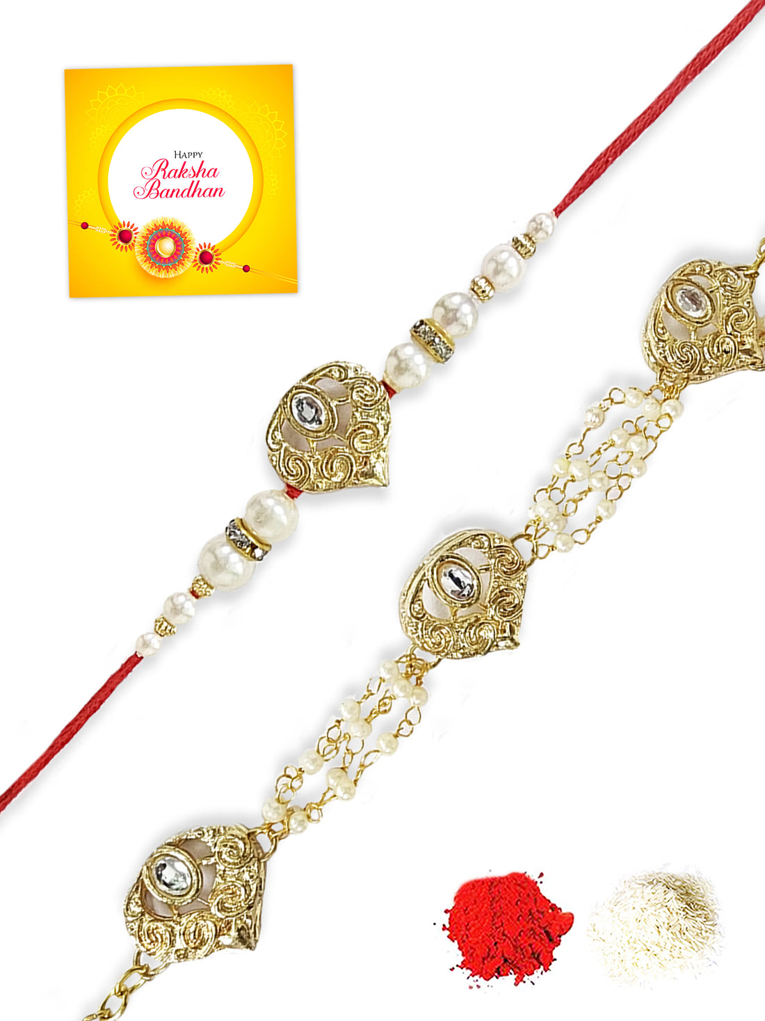 Karatcart Rakhi for Brother and Bhabhi Set of 2 Gold Plated Handmade Heart Kundan Bhiya Bhabhi Rakhi Combo with Roli & Chawal