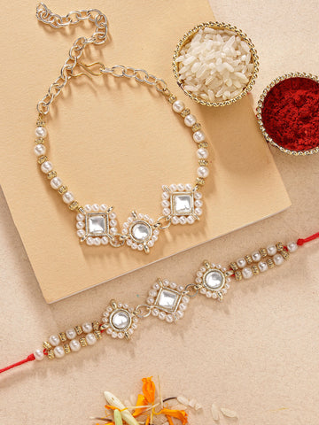 KARATCART Set of 2 Gold Plated Pearl Beaded Kundan Bhaiya Bhabhi Rakhi Combo with Roli & Chawal