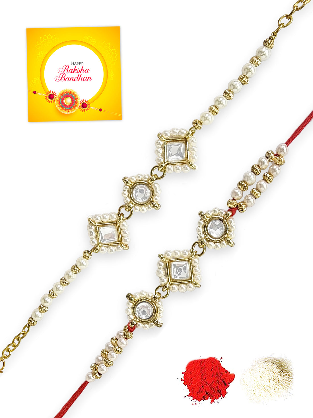 Karatcart Rakhi for Brother and Bhabhi Set of 2 Gold Plated Pearl Beaded Kundan Bhiya Bhabhi Rakhi Combo with Roli & Chawal