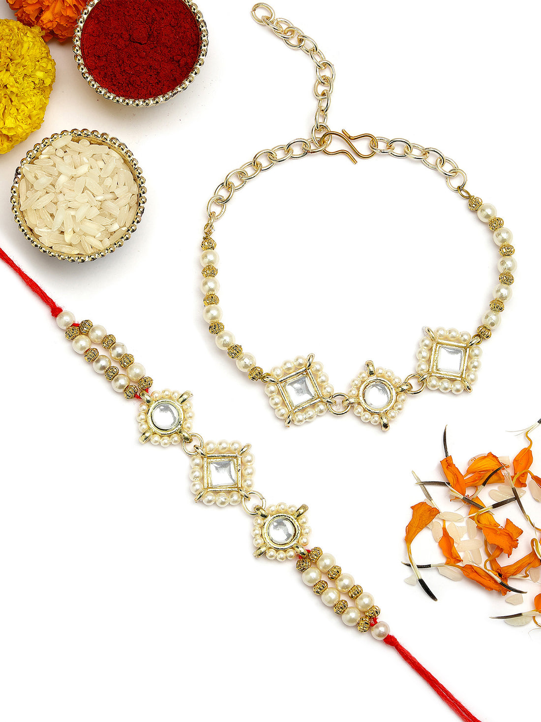 KARATCART Set of 2 Gold Plated Pearl Beaded Kundan Bhaiya Bhabhi Rakhi Combo with Roli & Chawal