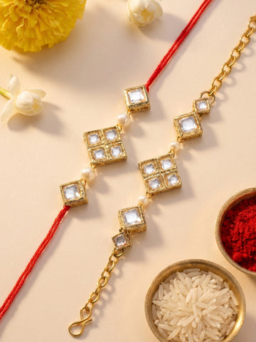 KARATCART Set of 2 Gold Plated Handmade Square Kundan Bhaiya Bhabhi Rakhi Combo with Roli & Chawal