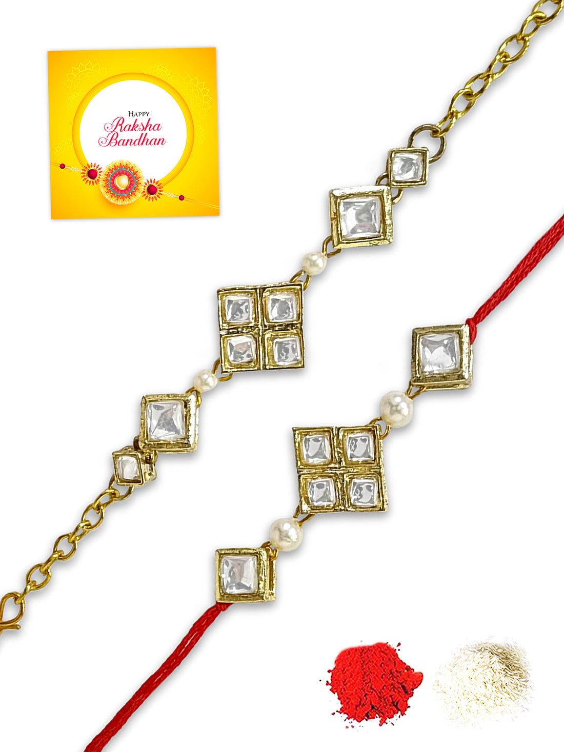 Karatcart Rakhi for Brother and Bhabhi Set of 2 Gold Plated Handmade Square Kundan Bhiya Bhabhi Rakhi Combo with Roli & Chawal