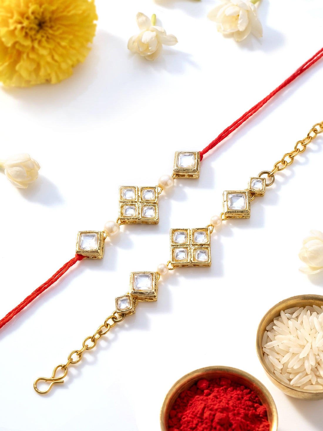 KARATCART Set of 2 Gold Plated Handmade Square Kundan Bhaiya Bhabhi Rakhi Combo with Roli & Chawal