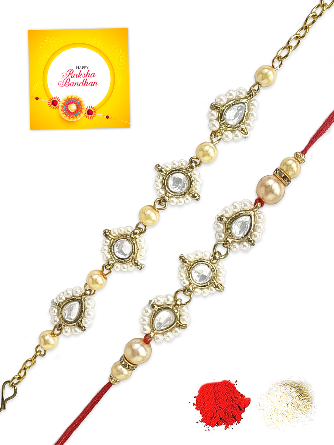 Karatcart Rakhi for Brother and Bhabhi Set of 2 Gold Plated Golden Pearl Handmade Kundan Bhiya Bhabhi Rakhi Combo with Roli & Chawal