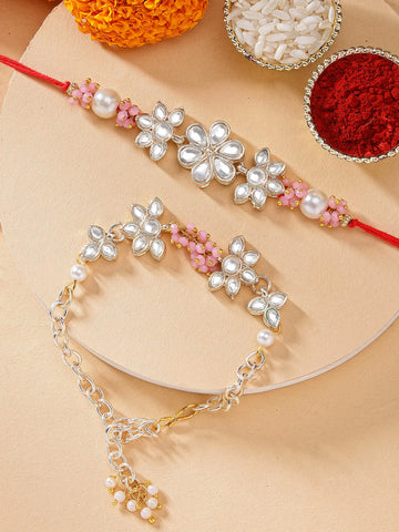 KARATCART Set of 2 Gold Plated Pink Crystal Handmade Kundan Bhaiya Bhabhi Rakhi Combo with Roli & Chawal