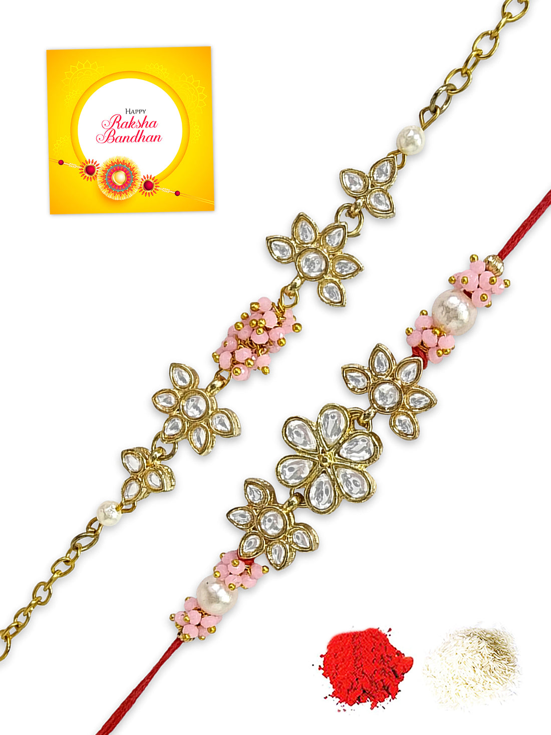 Karatcart Rakhi for Brother and Bhabhi Set of 2 Gold Plated Pink Crystal Handmade Kundan Bhiya Bhabhi Rakhi Combo with Roli & Chawal