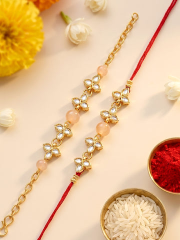 KARATCART Set of 2 Gold Plated Peach Beads Handmade Kundan Bhaiya Bhabhi Rakhi Combo with Roli & Chawal