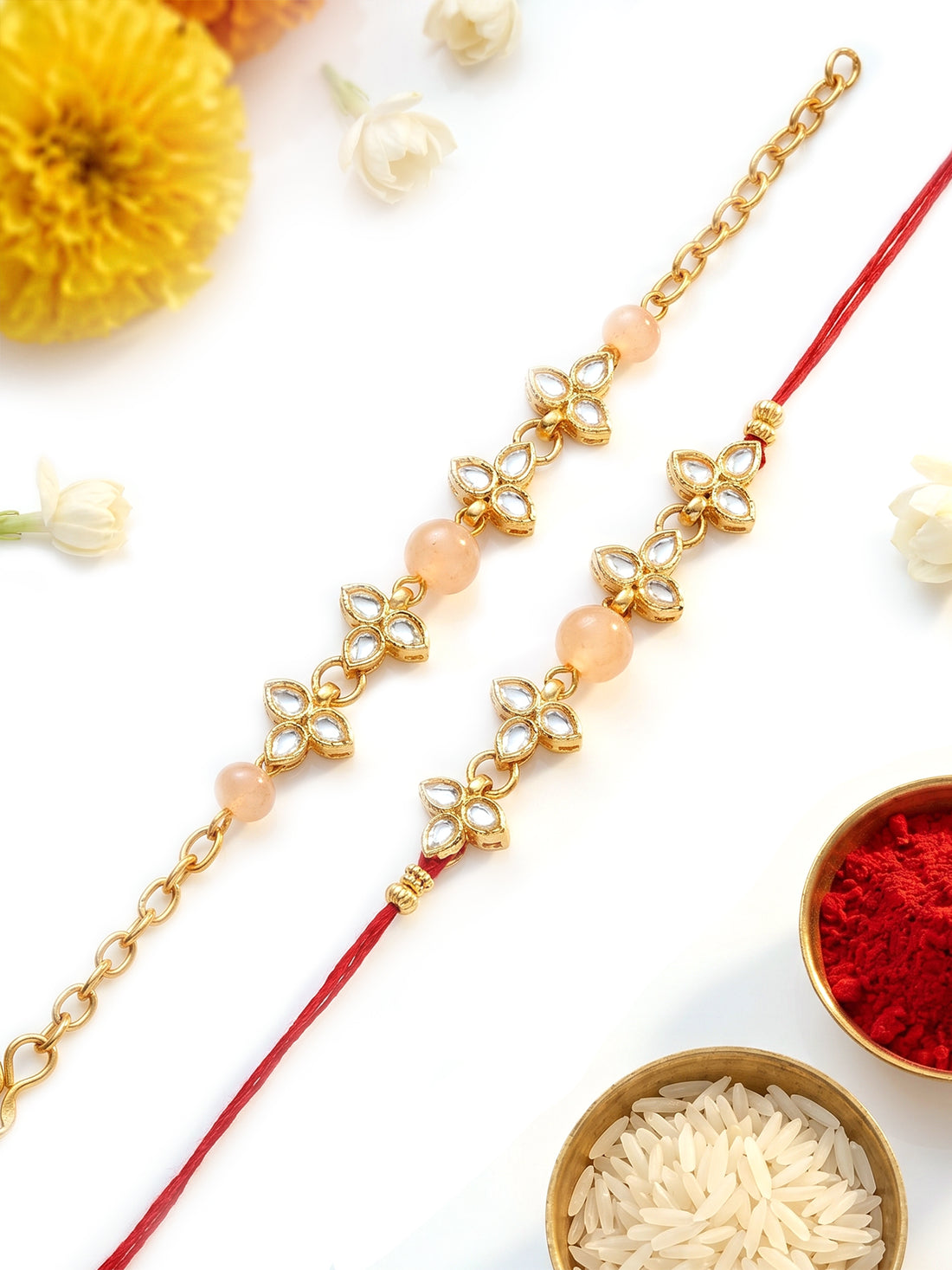 KARATCART Set of 2 Gold Plated Peach Beads Handmade Kundan Bhaiya Bhabhi Rakhi Combo with Roli & Chawal