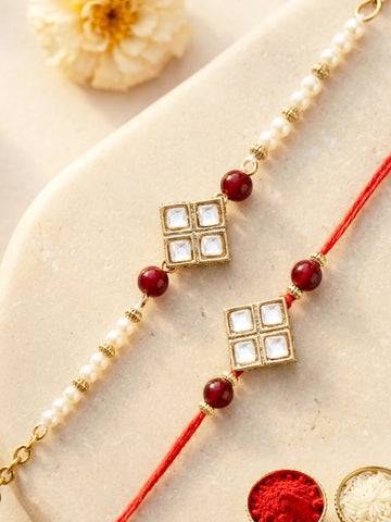 KARATCART Set of 2 Gold Plated Red Bead Square Kundan Bhaiya Bhabhi Rakhi Combo with Roli & Chawal