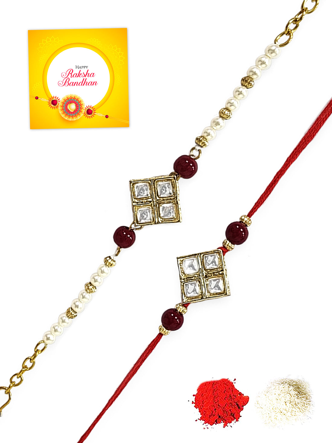 Karatcart Rakhi for Brother and Bhabhi Set of 2 Gold Plated Red Bead Square Kundan Bhiya Bhabhi Rakhi Combo with Roli & Chawal