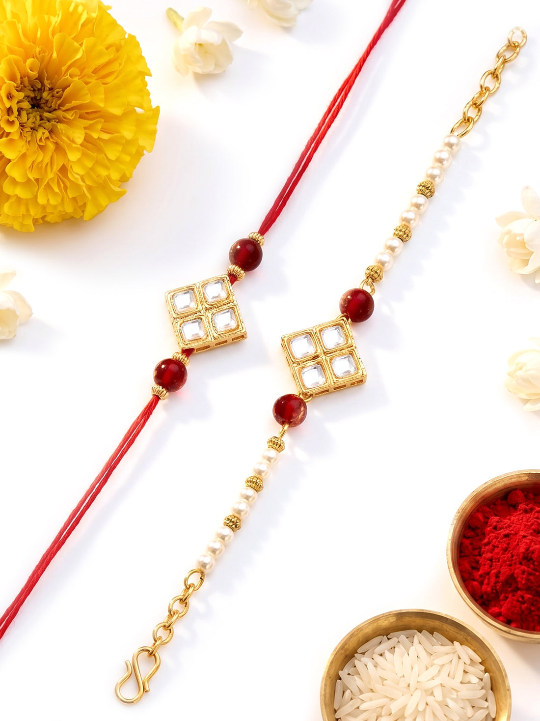 KARATCART Set of 2 Gold Plated Red Bead Square Kundan Bhaiya Bhabhi Rakhi Combo with Roli & Chawal
